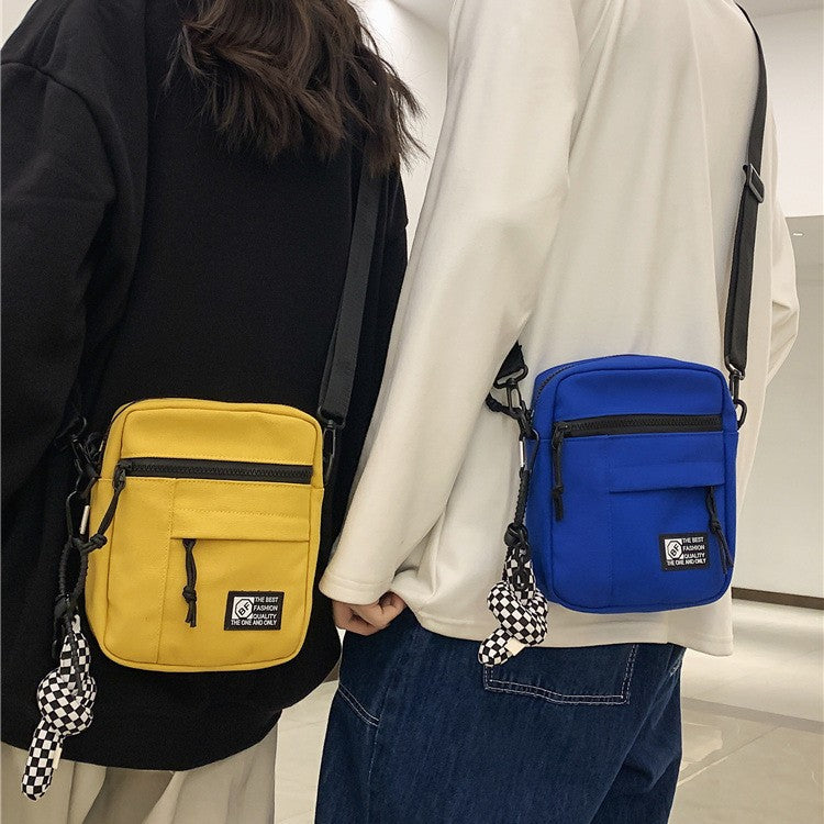 2025 Spring Summer New Casual Minimalist Unisex Small Square Bag with Zipper Closure and Checkerboard Tassel - Street Style Crossbody Phone Wallet Bag