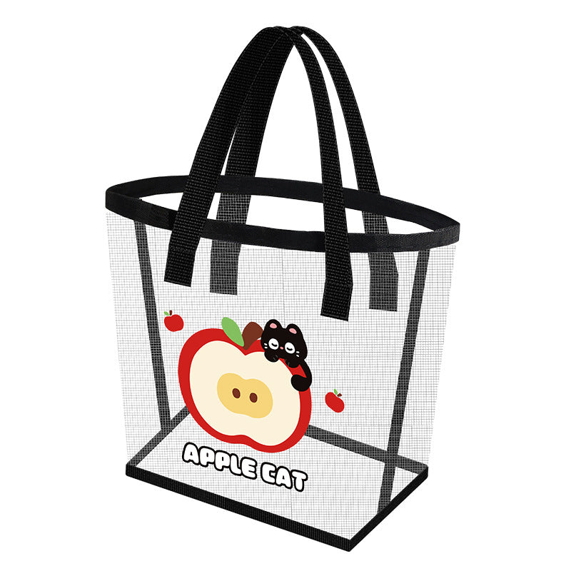 Cute Apple Cat Mesh Tote Bag - Transparent Portable Storage Bag for Travel, Makeup, Stationery and Daily Use