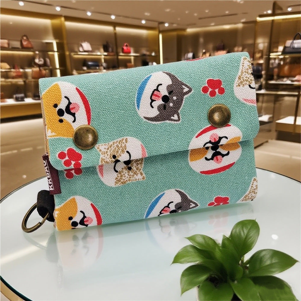 Creative Cartoon Printing Tri-Fold Denim Canvas Wallet Simple Canvas Card Holder Key Case for Both Men and Women