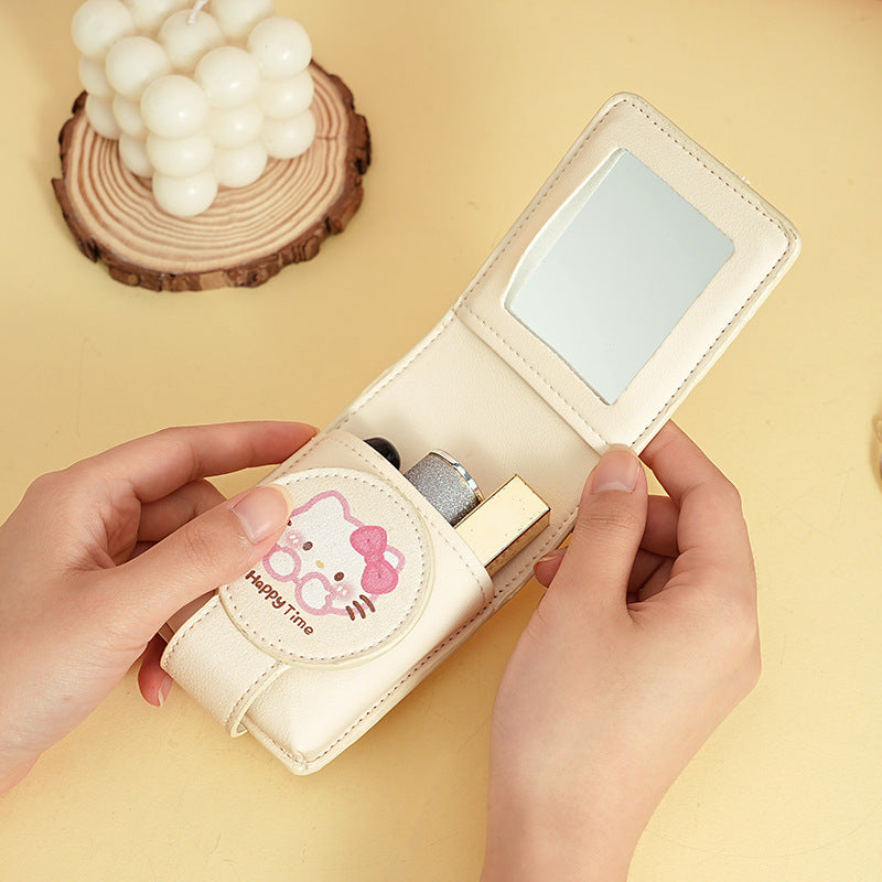 Women's Wallet Cute Hello Kittylipstick Bag with Mirror Portable Cosmetic Bag Travel Makeup Storage Small Bag for Daily Use