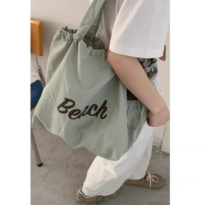 Casual Nylon Tote Bag with Beach Letter Print, Drawstring Closure, Large Capacity for Daily Use