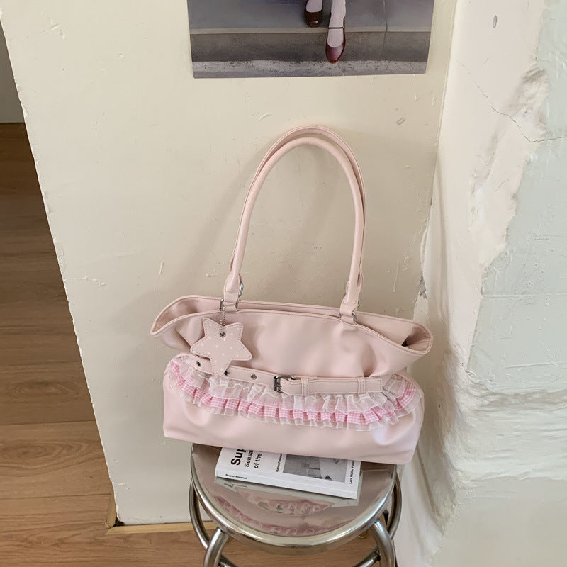 Elegant Ruffle Design Tote Bag with Belt Detail and Star Charm for Daily Use