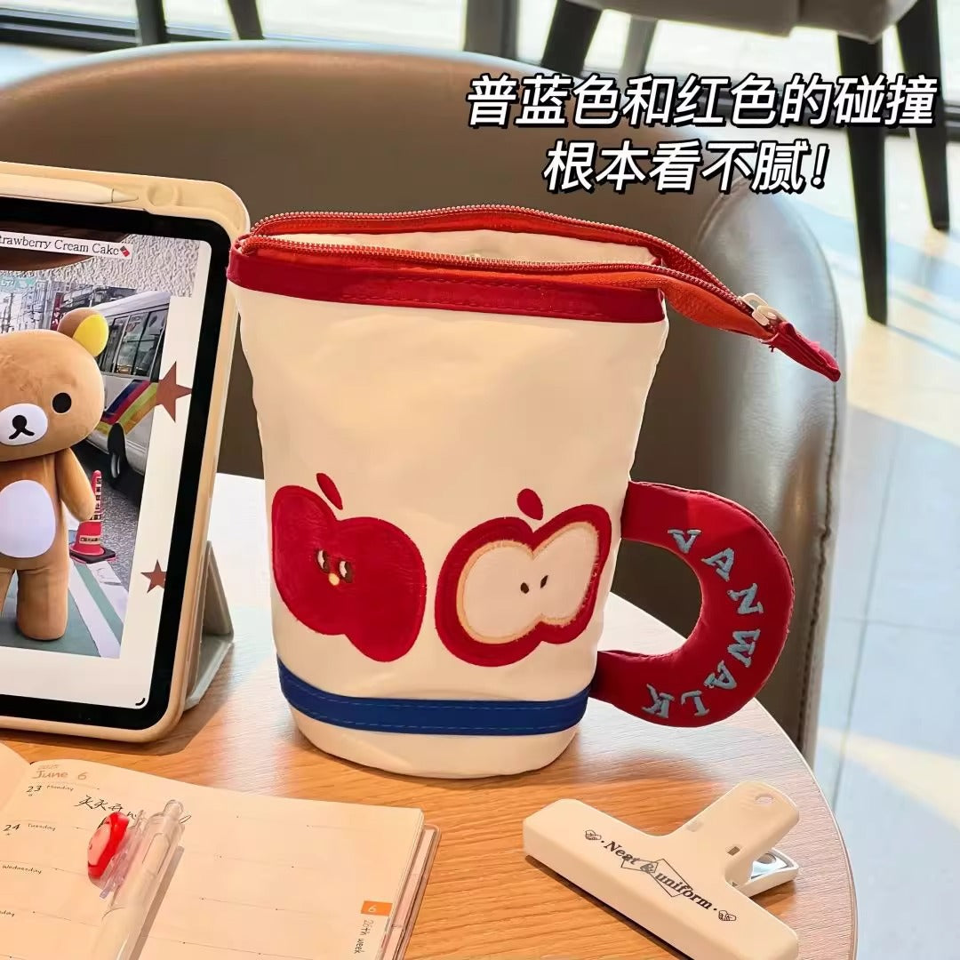 Cute Apple Design Cup-shaped Pencil Case with Large Capacity for Students and Stationery Storage