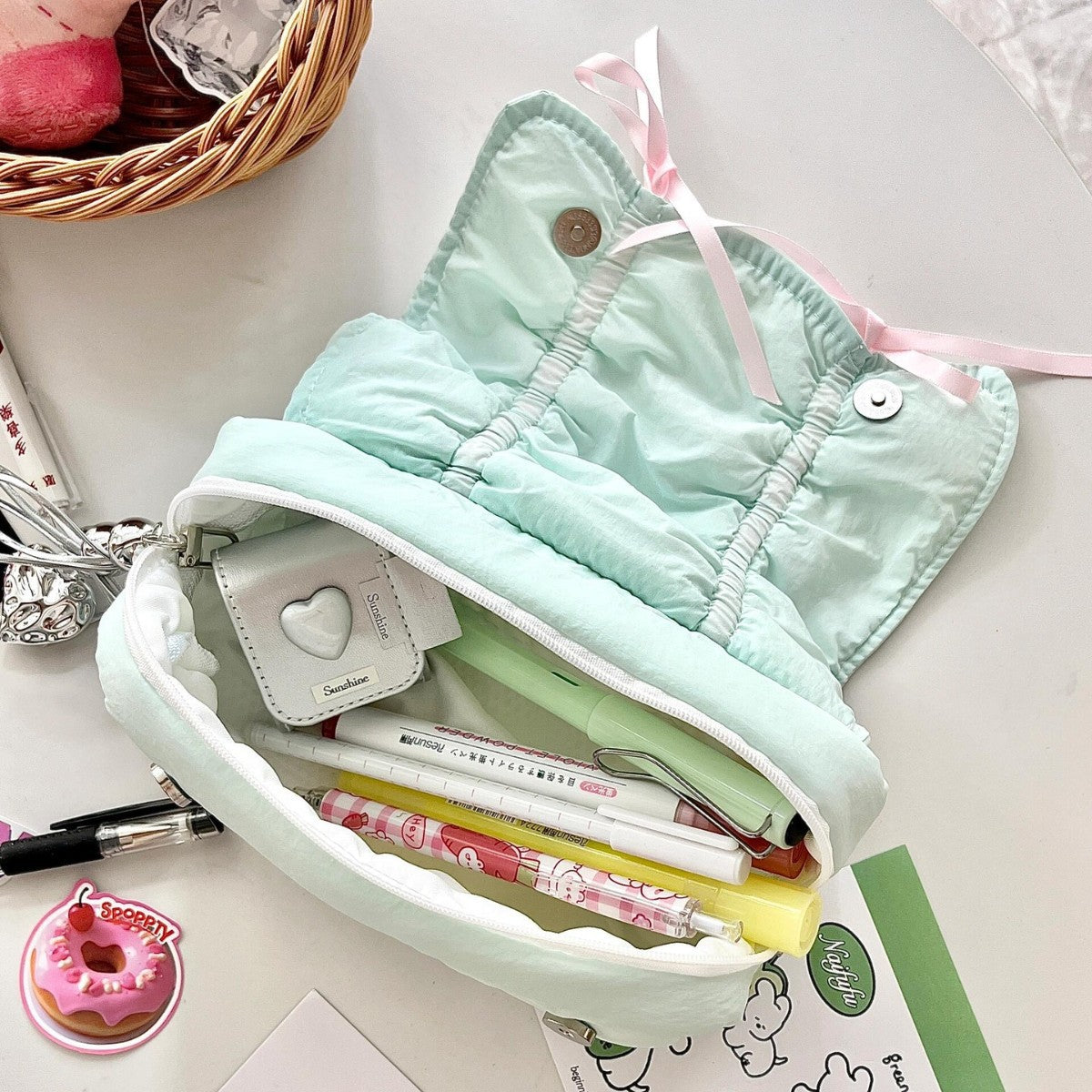 Cute Cat Design Zipper Pencil Case with Bowknot, Large Capacity, High-Style Student Stationery Bag for Girls