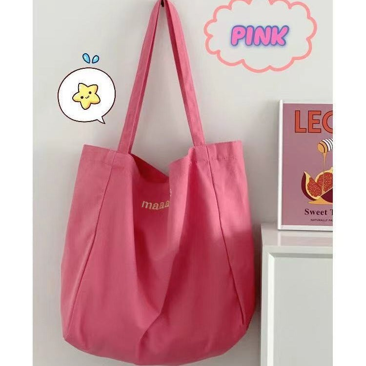 Cute Candy Color Canvas Tote Bag with Letter Print and Fluffy Charm for Daily Use and School