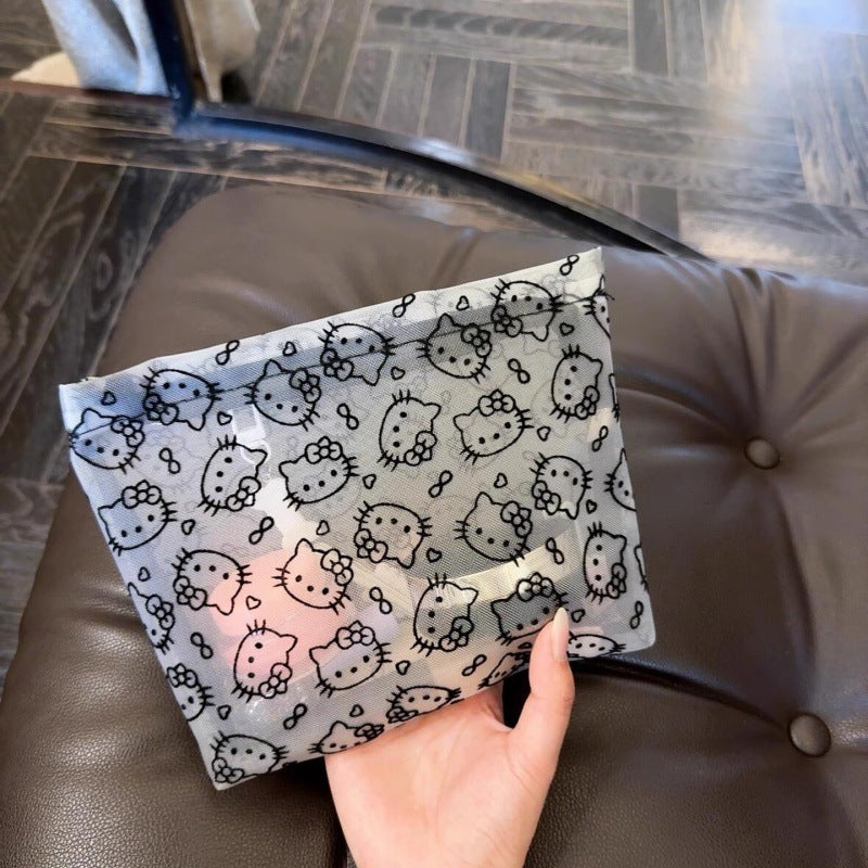 Cute Cat Mesh Girl Cosmetic Bag Breathable and Simple Makeup Buggy Bag Stylish and Portable Clutch