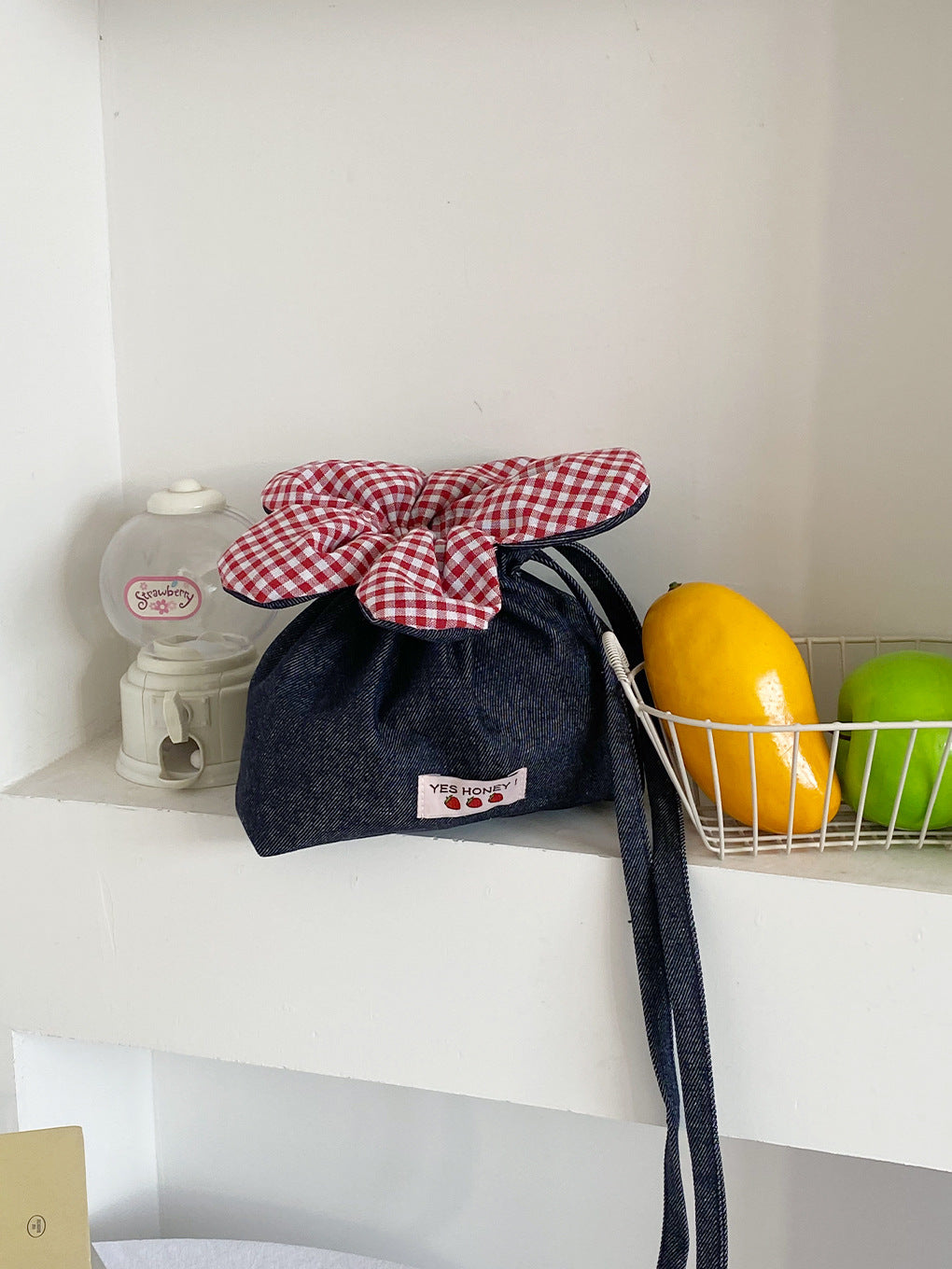 Cute Denim Flower Drawstring Crossbody Bag with Gingham Bloom, Korean Style Casual Phone Pouch for Daily Outings