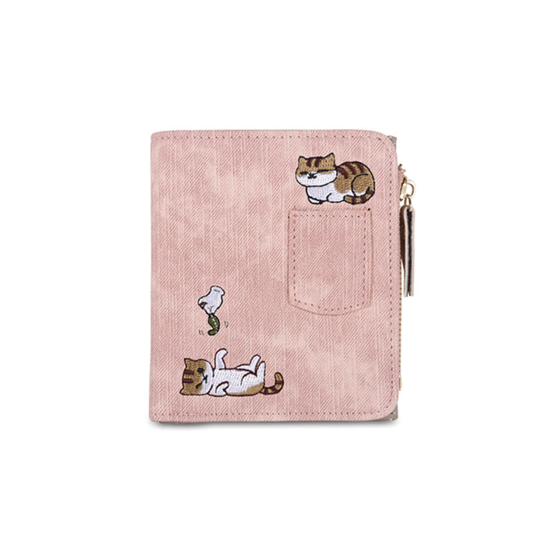 Cute Embroidered Cat Design Wallet for Women, Stylish Denim Look with Zipper Closure and Multiple Pockets