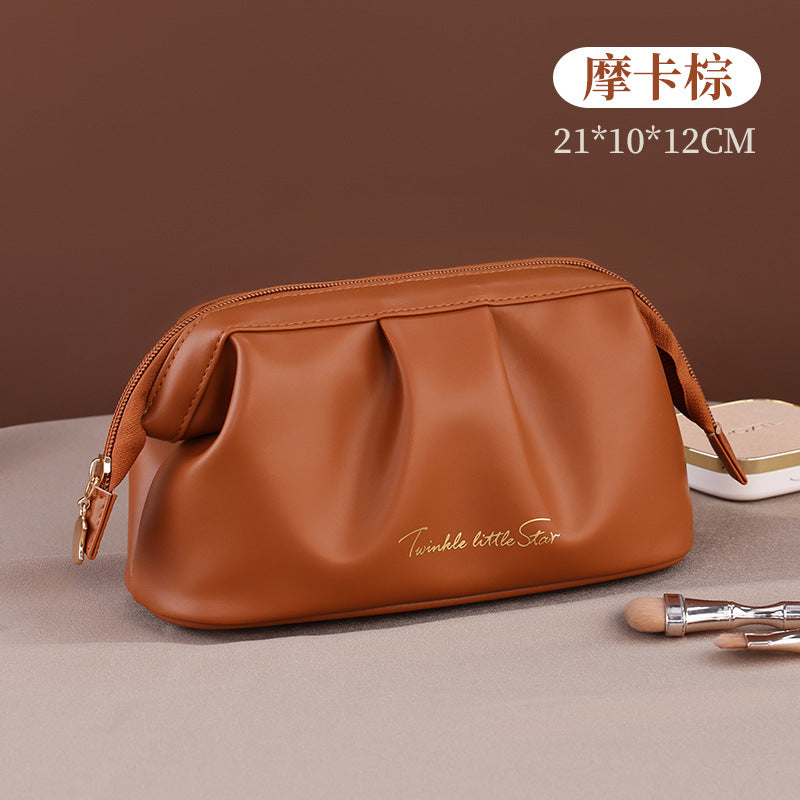 Elegant PU Waterproof Makeup Bag with Lettering Design, Large Capacity Travel Cosmetic Pouch for Women, Urban Minimalist Style