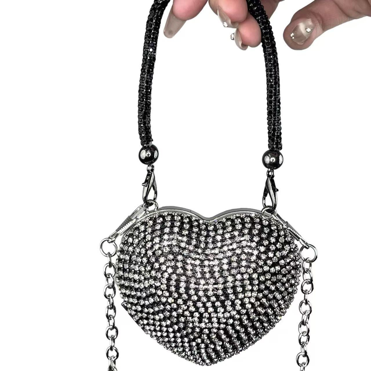 2025 New European Fashion Mini Heart-Shaped Crystal Clutch Bag with Chain Strap for Evening Party and Daily Use