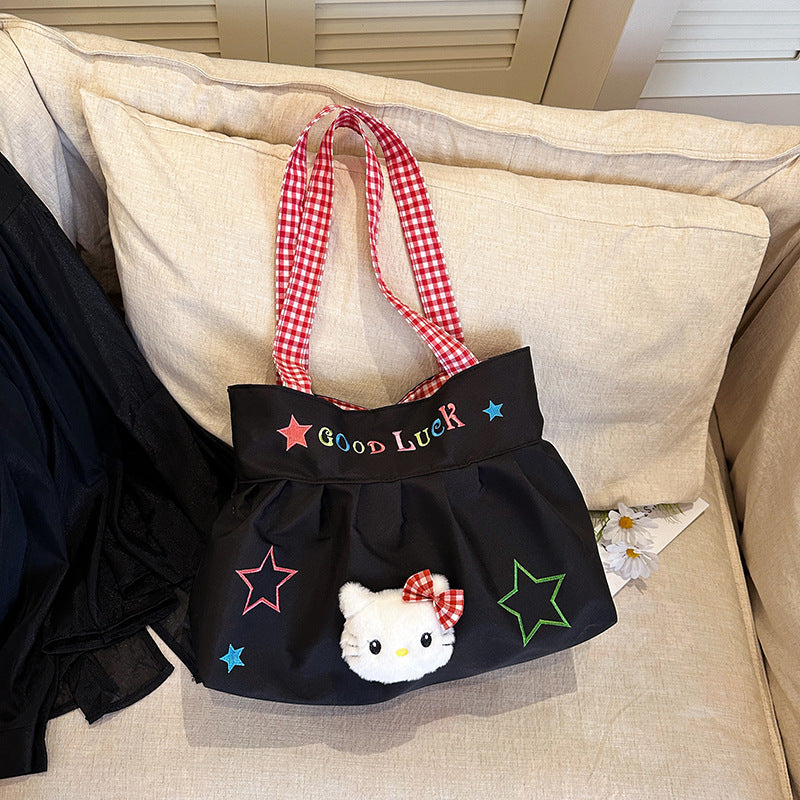 Cute Korean Style Versatile Kitty Pleated Handbag Women's New Large Capacity Commuter out Shoulder Bag