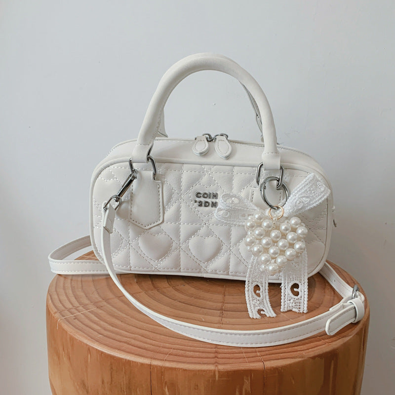 Elegant Quilted Crossbody Bag with Pearl Charm for Women, Fashionable Daily Use Handbag with Zipper Closure and Adjustable Strap