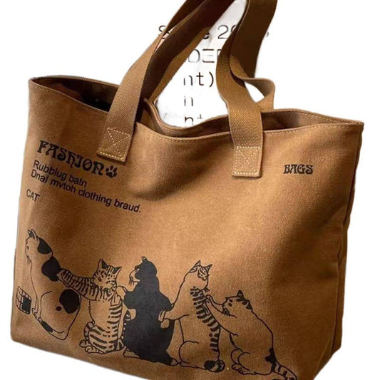 Fashionable Canvas Tote Bag with Cute Cat Print, Large Capacity Shoulder Bag for Daily Use and Travel