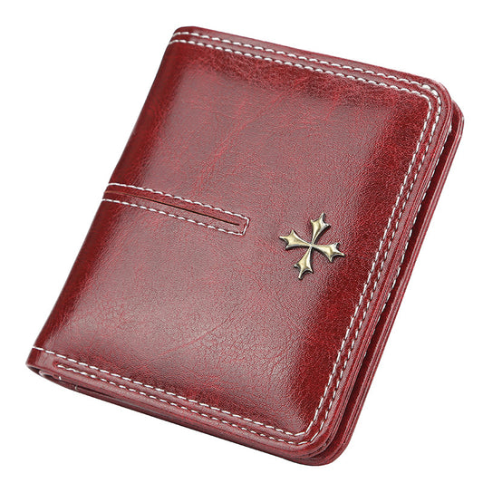 Women's Wallet Korean-Style Short Multiple Card Slots Oil Wax Leather Card Holder Fashion All-Match Zipper Coin Purse