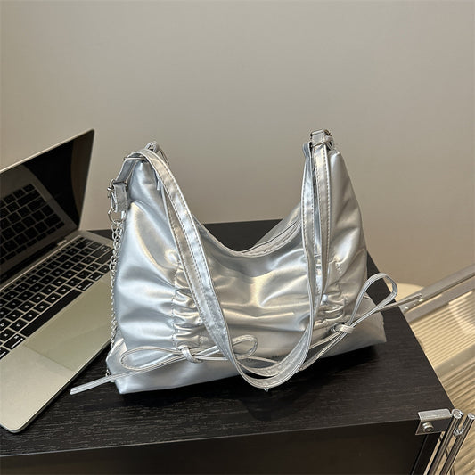 New Pleated Bow Tote Bag Women's Large Capacity Commuter Shoulder Chain Design Urban Simple Style