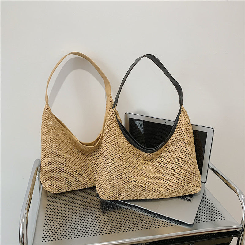 Retro Large Capacity Straw Woven Bag Women's New Vintage Weave Beach Underarm Bag Leisure Commuter Bag