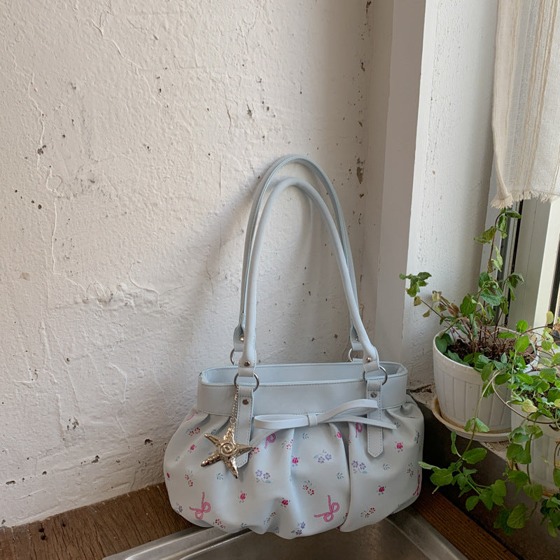 Korean Style Large Capacity Shoulder Bag with Pleated Design and Polka Dot Print for Daily Commute