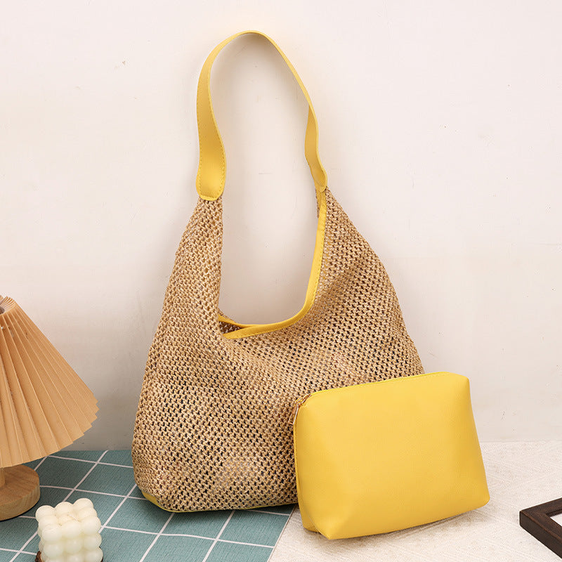 Retro Large Capacity Straw Bag New Fashion Woven Commuter Shoulder Bag Beach Casual Ladies