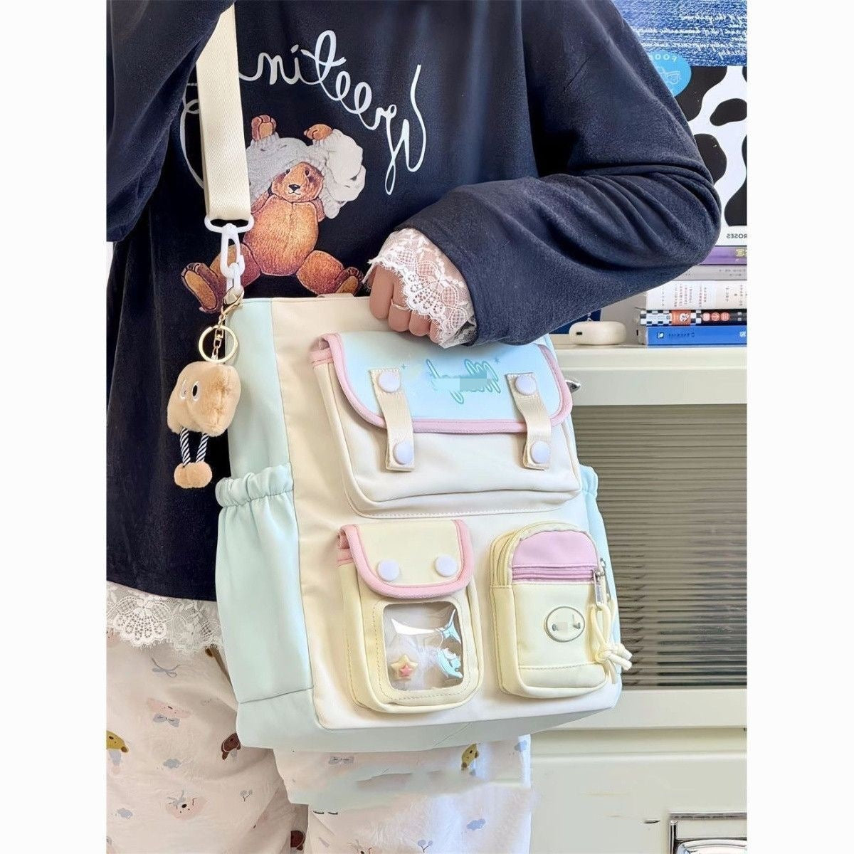 Cute Color-Blocking Student Tote Bag with Plush Keychain and Multiple Pockets for Daily Use