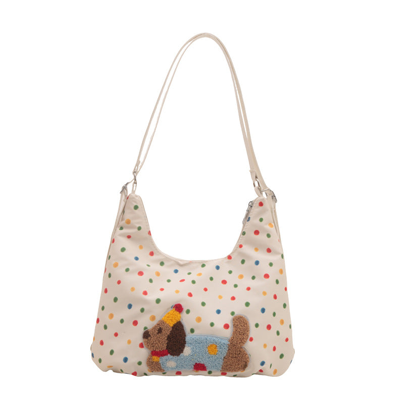 Korean Style Casual Large Capacity Shoulder Bag with Cartoon Polka Dot Print and Relaxed Tote Design for Women
