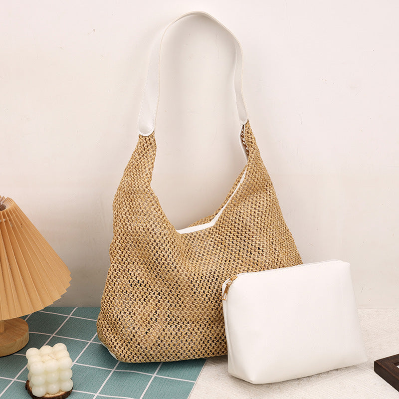Retro Large Capacity Straw Bag New Fashion Woven Commuter Shoulder Bag Beach Casual Ladies