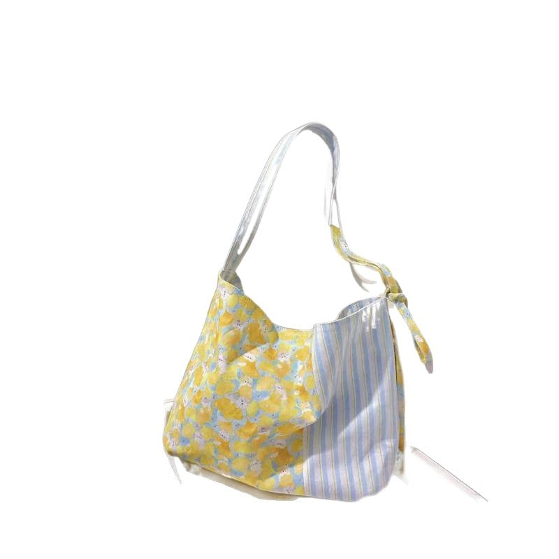 Cute Cat Print Canvas Tote Bag Striped Stitching Large Capacity Commuter Shoulder Bag Everyday Joker