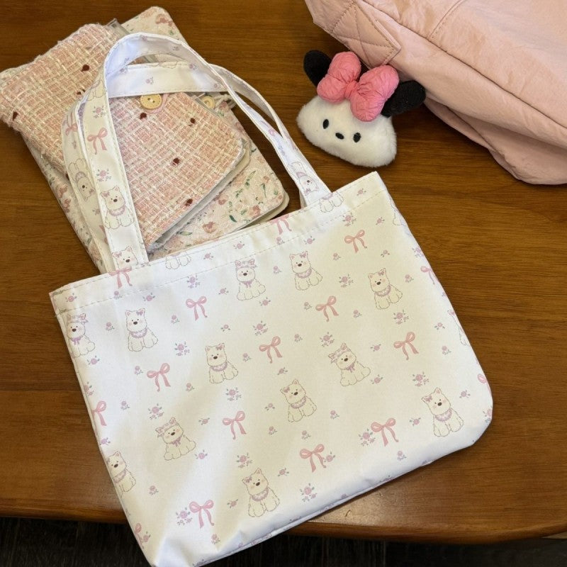 Korean Style Cute Dog Print Tote Bag with Floral Pattern, Perfect for Daily Use and Commuting