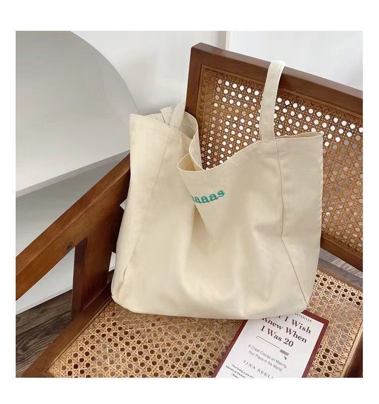 Cute Candy Color Canvas Tote Bag with Letter Print and Fluffy Charm for Daily Use and School