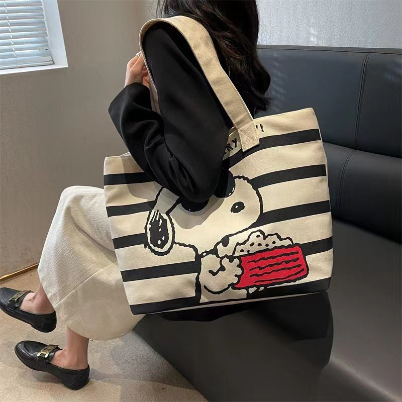 Cute Cartoon Print Canvas Tote Bag for Women, Casual Large Capacity Shoulder Bag with Fashionable Design and Soft Texture