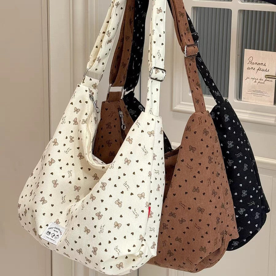 Cute Bow Print Corduroy Tote Bag with Zipper Closure and Hello Kitty Charm for Daily Commute