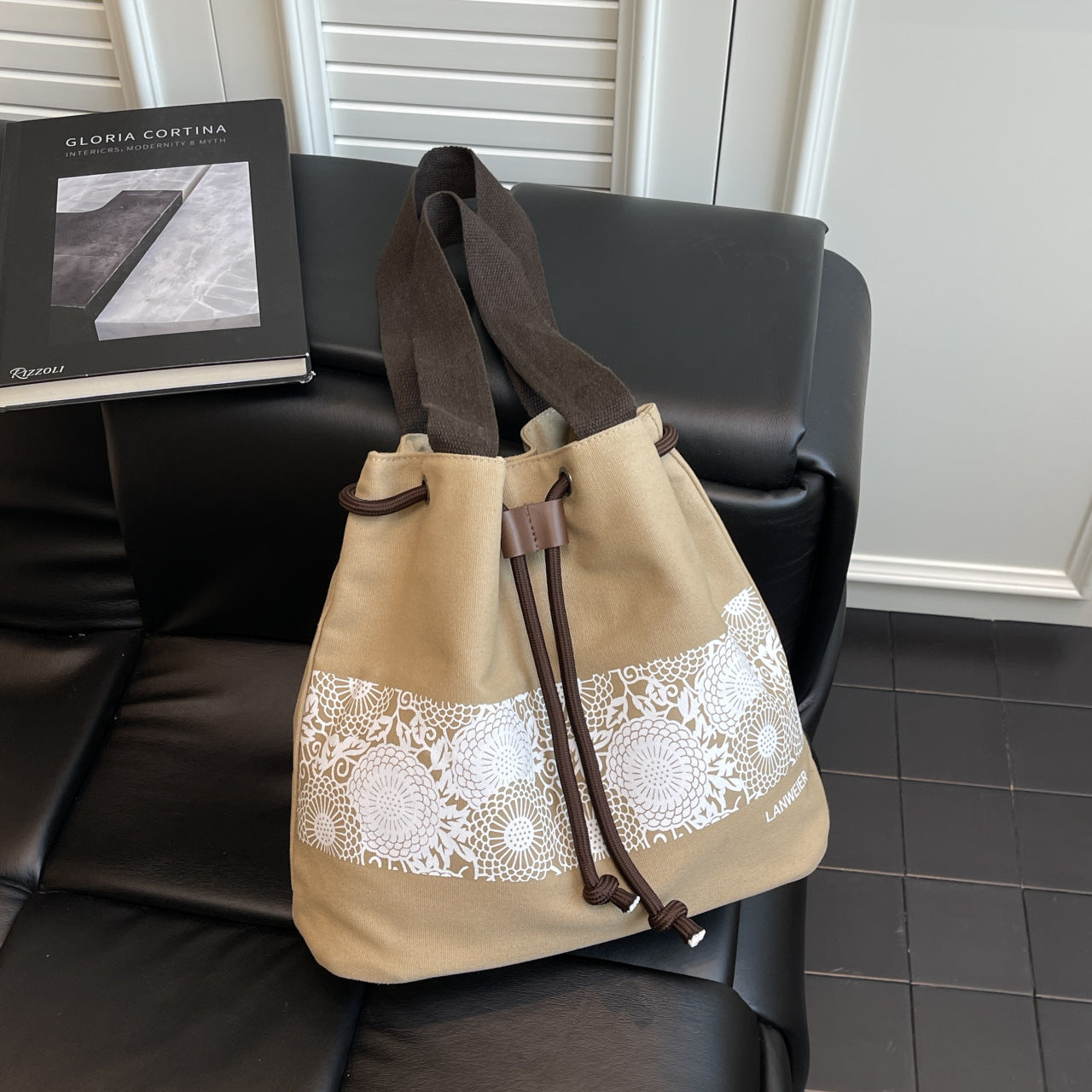 Chic Korean-Style Canvas Tote Bag with Floral Pattern and Drawstring Closure for Everyday Use
