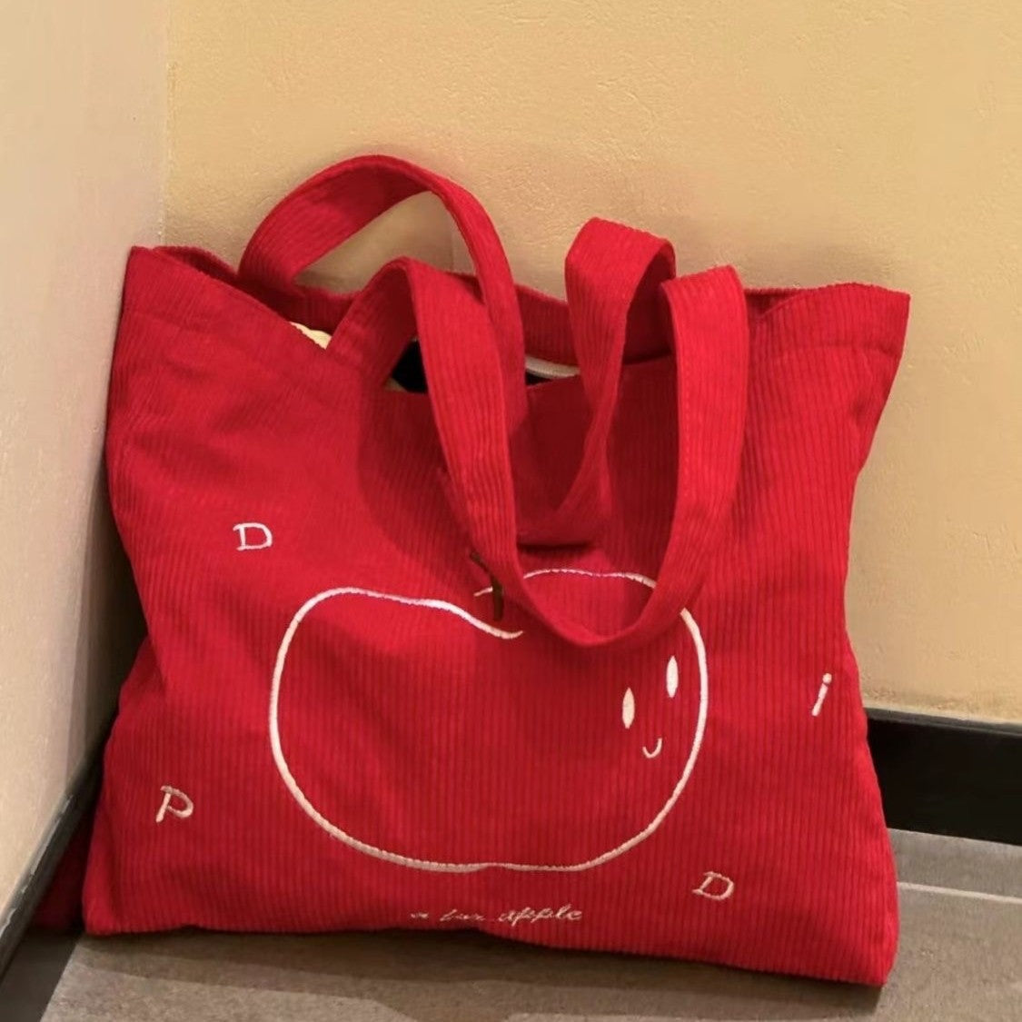 New Corduroy Apple Embroidered Tote Bag Large Capacity Commute Leisure Travel Shoulder Bag
