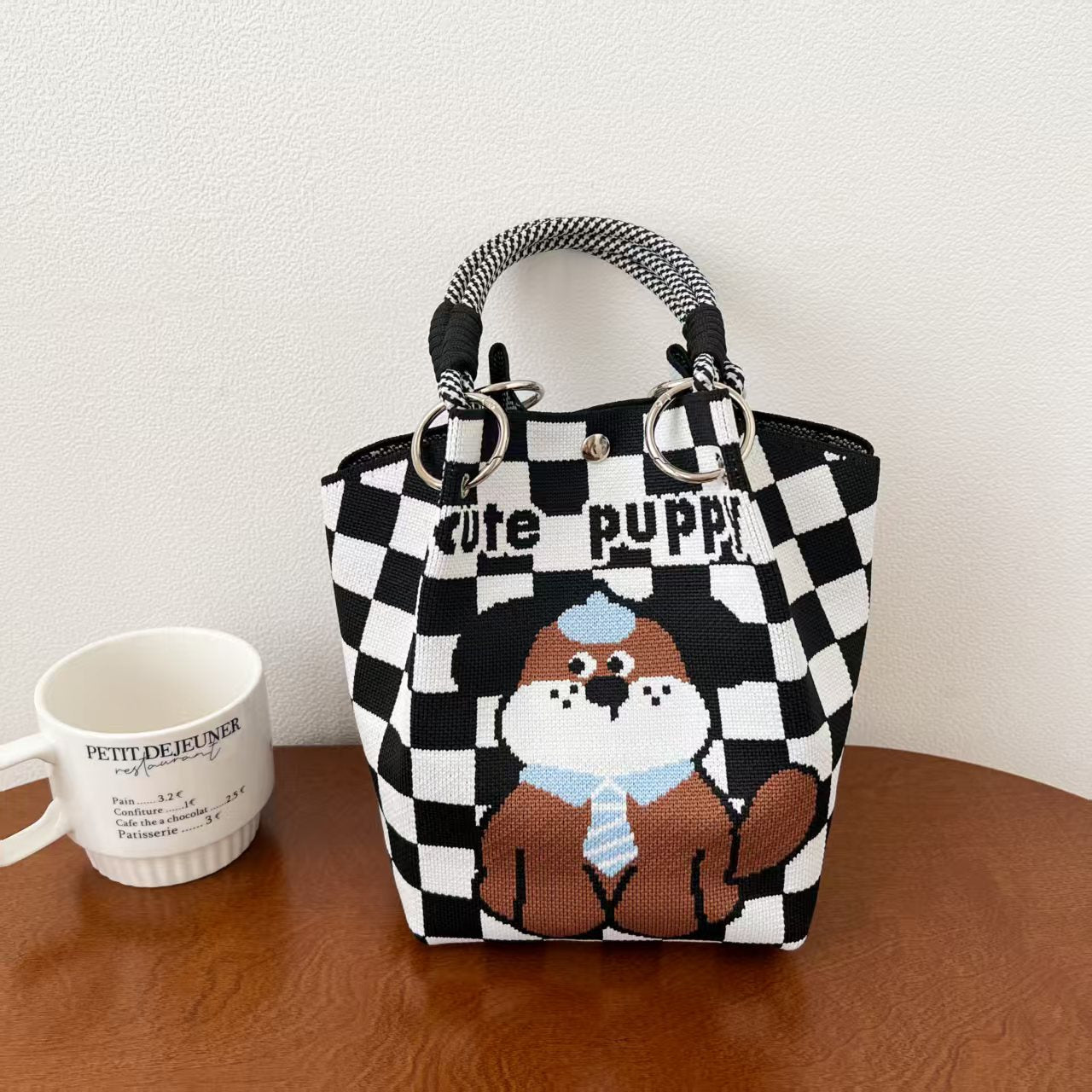 Black and White Rhombus Knitted Tote Bag Women's Casual Versatile Large Capacity Messenger Bag Handbag