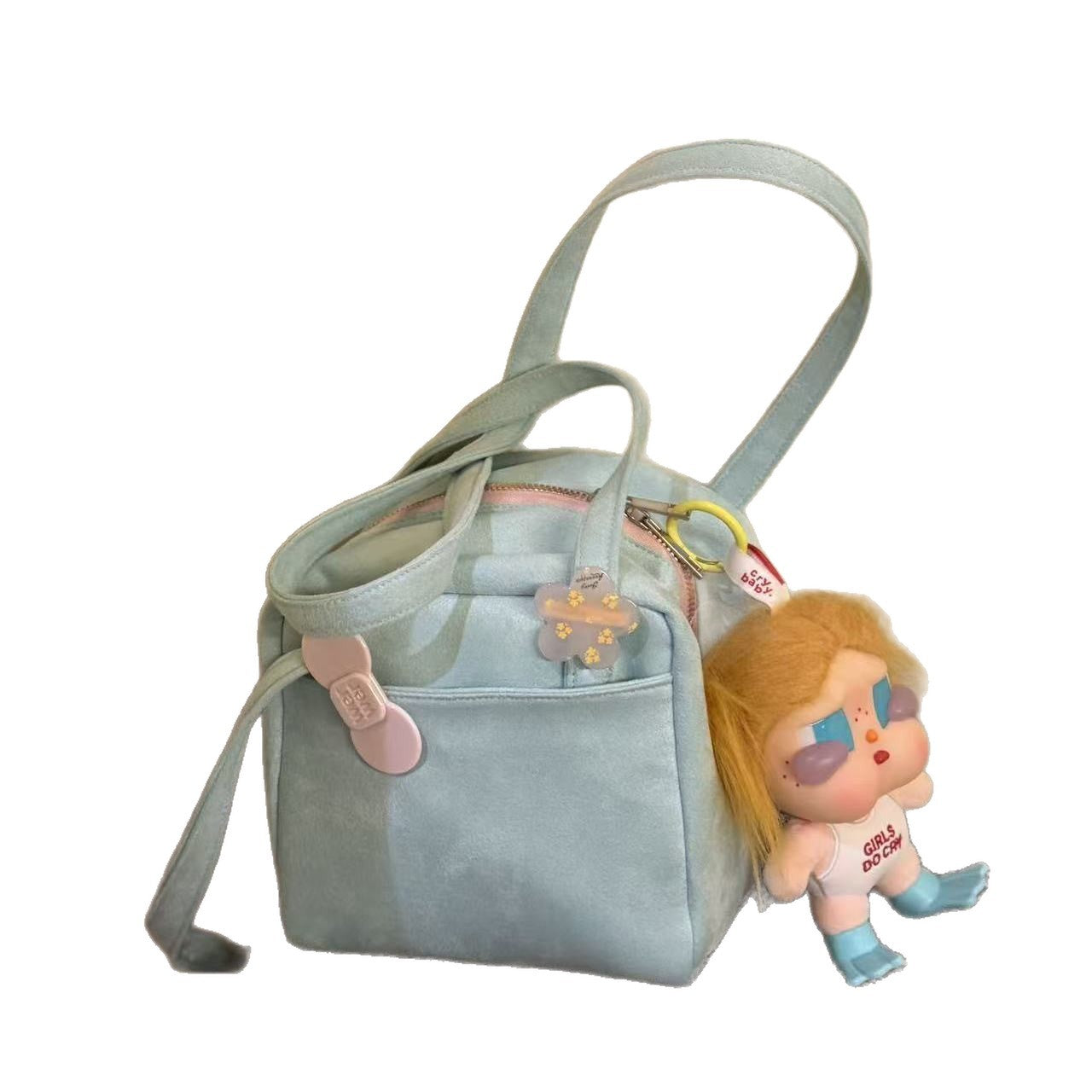 Chic Velvet Shoulder Bag with Cute Doll Charm for Daily Streetwear and Commuting