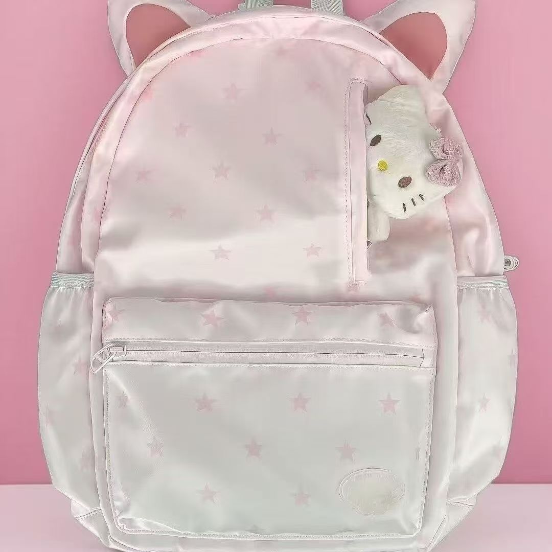 Cute Cartoon Backpack for Students with Star Pattern and Cat Ears Design, Lightweight and Large Capacity School Bag