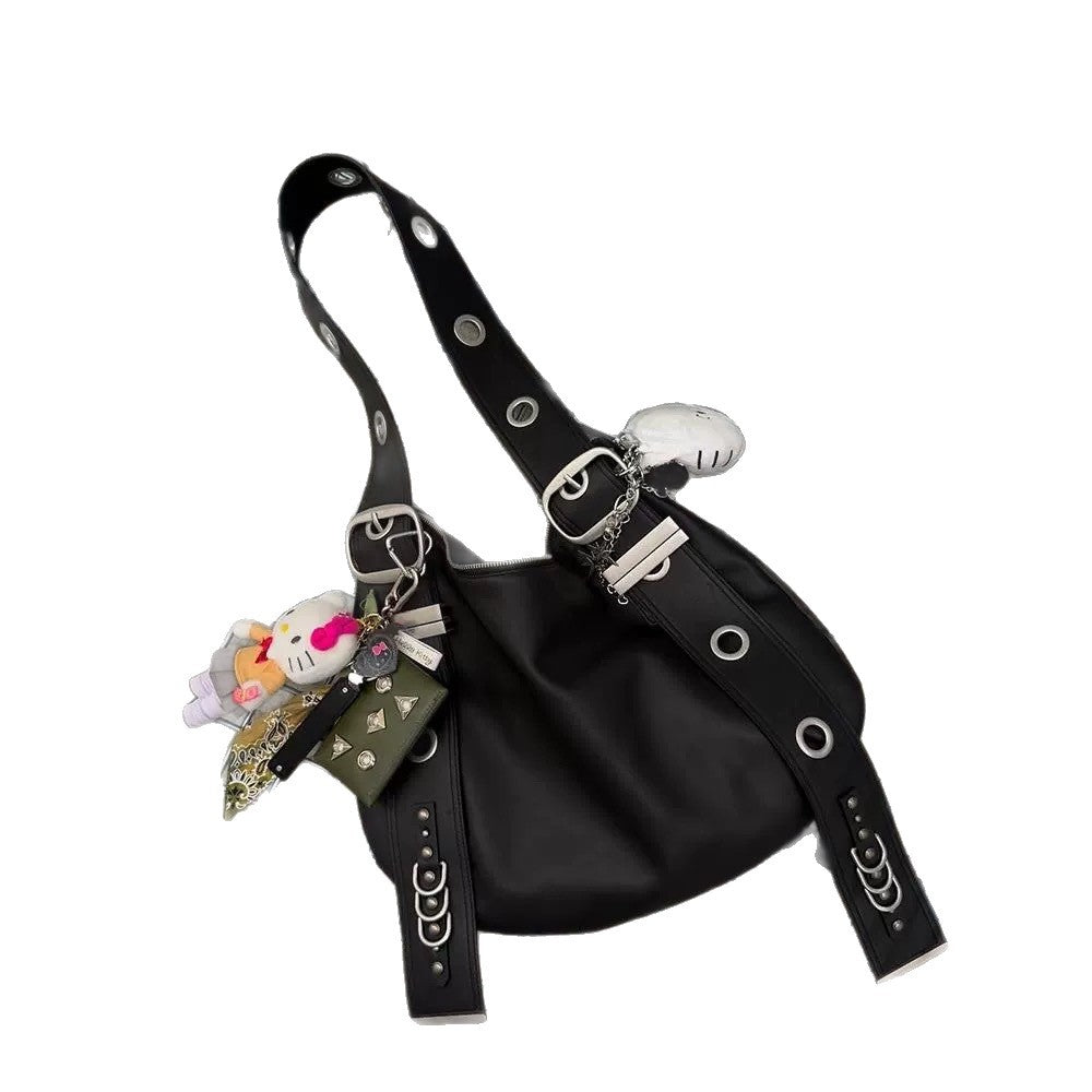 Retro Punk Style Shoulder Bag with Metal Grommets and Buckles for Casual Travel