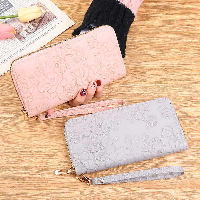 Elegant Floral Embossed Long Wallet with Zipper and Wrist Strap, Fashionable Women's Purse with Multiple Inner Compartments for Phone and Cards