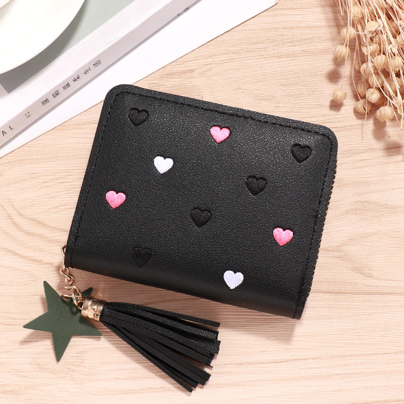 Cute Heart Embroidery PU Wallet for Women with Tassel Charm and Star Pendant, Compact Card Holder for Daily Use