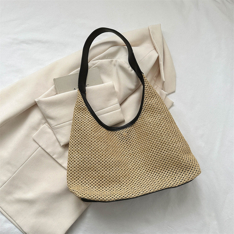 Korean Vintage Weave Tote Bag Women's Straw Large Capacity Underarm Shoulder Beach Bag