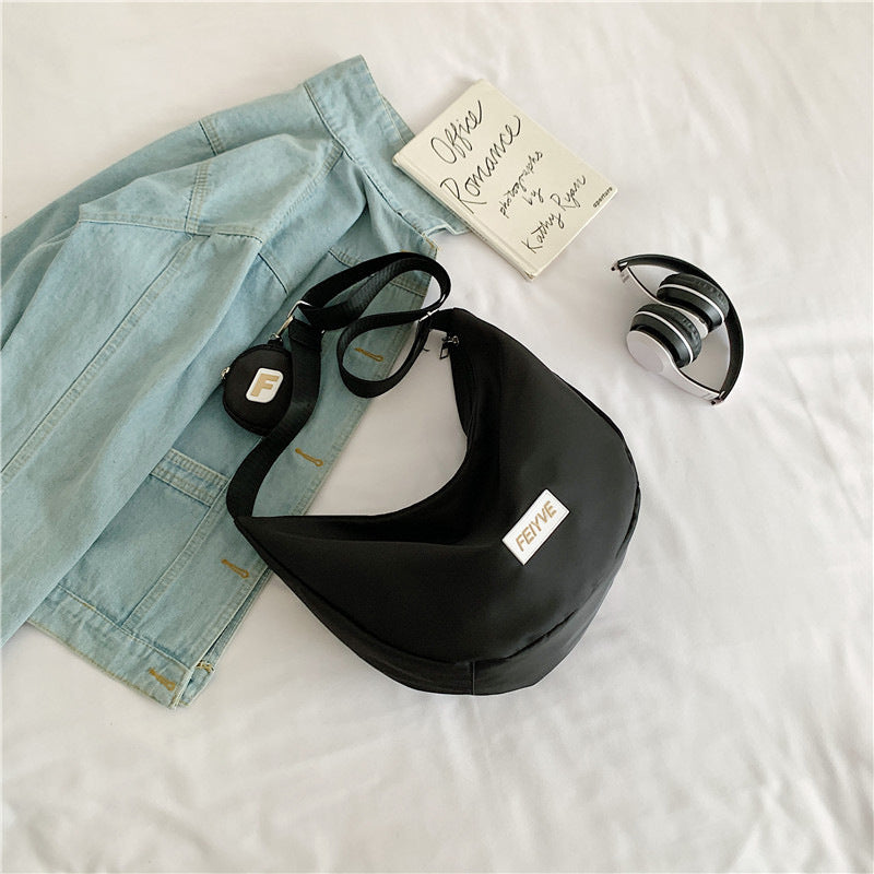 Casual Nylon Moon Bag with Letter Logo, Soft Crossbody Sling for Daily Commute and School