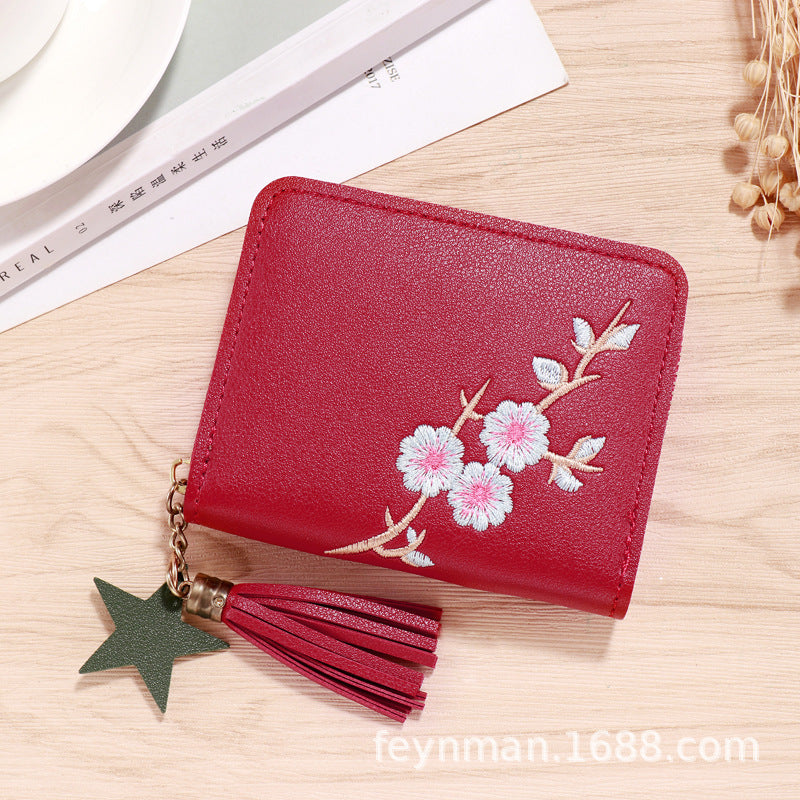 Cute Heart Embroidery PU Wallet for Women with Tassel Charm and Star Pendant, Compact Card Holder for Daily Use