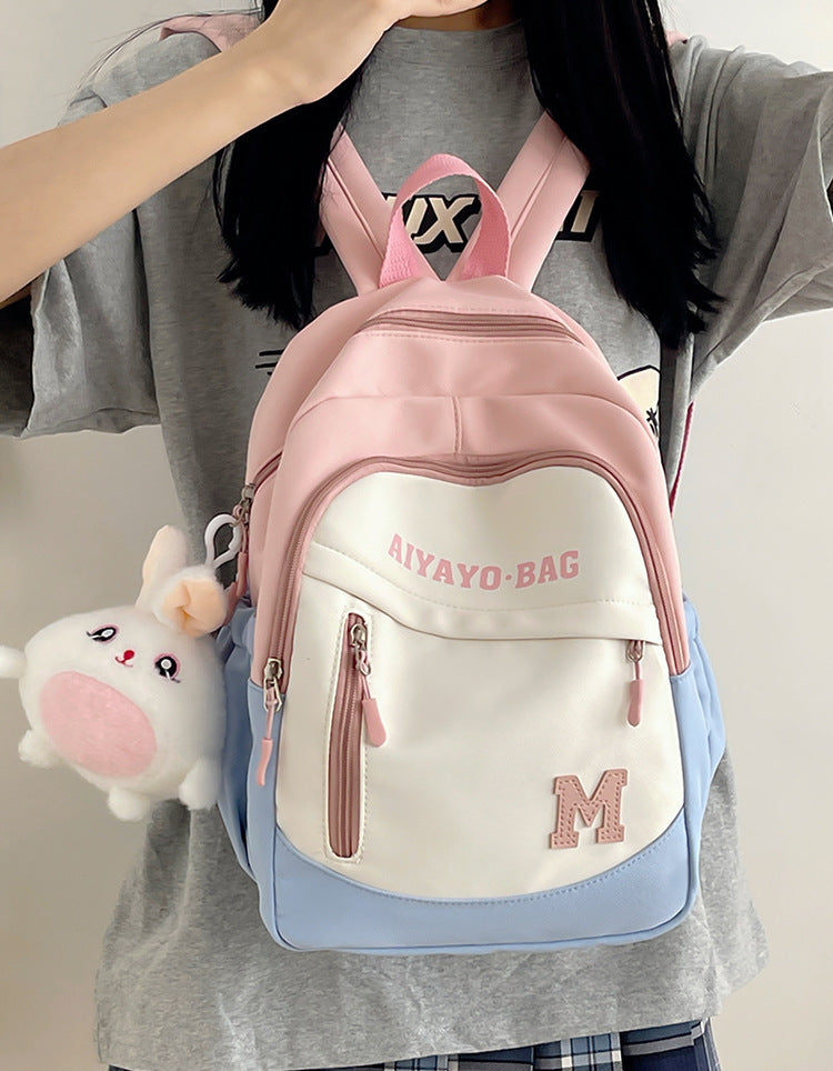 Cute Kids Backpack with Plush Rabbit Charm for School Travel and Spring Outings - Waterproof Oxford Fabric Design