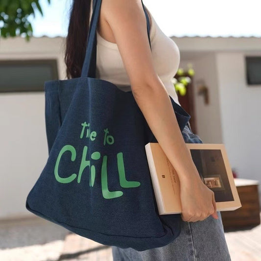 Chill Style Denim Tote Bag for Women - Trendy Printed Letter Design, Large Capacity Everyday Shoulder Bag for Work, School & Casual Outings