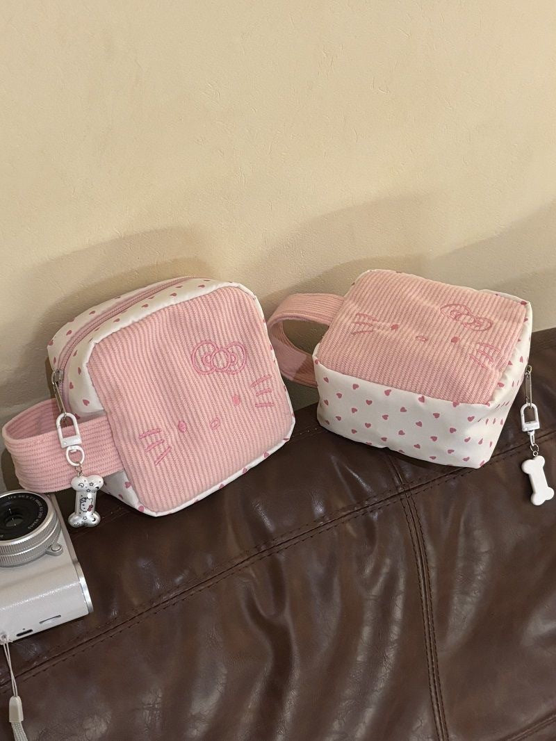 Cute Hello Kitty Corduroy Cosmetic Bag with Embroidery Design, Large Capacity Portable Makeup Organizer for Daily Use