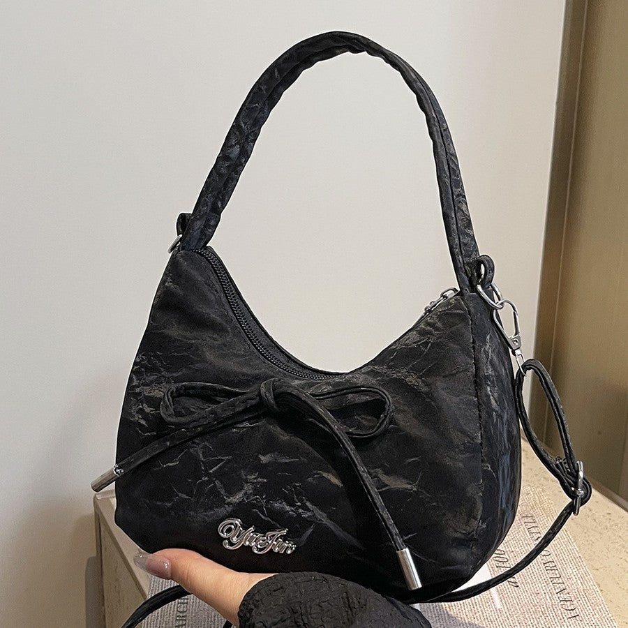 2025 Summer New Chic Bowknot Handbag for Women, Soft Canvas Shoulder Crossbody Bag with Zipper Closure and Stylish Design