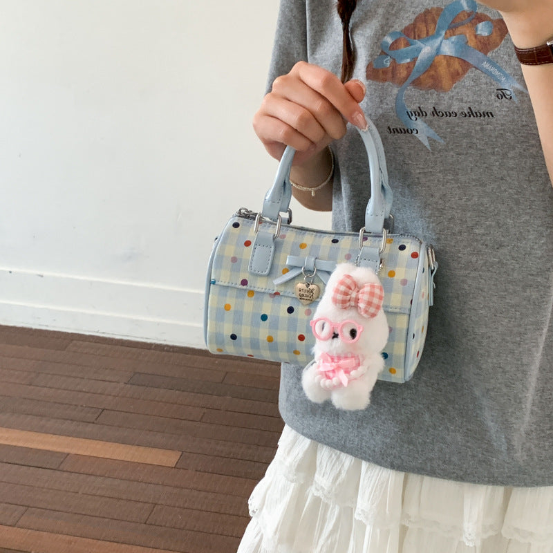 Cute Korean Summer Handbag with Polka Dot Bowknot Design, Soft Cylinder Shape Tote for Daily Use
