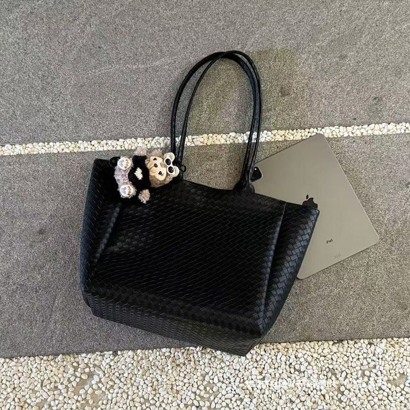 Stylish Weaved Tote Bag for Daily Commute and Casual Outings with Cute Plush Charm