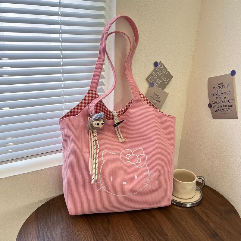 Large Corduroy Embroidered Tote Bag with Cartoon Design, Soft Structure, Multiple Inner Pockets for Daily Use