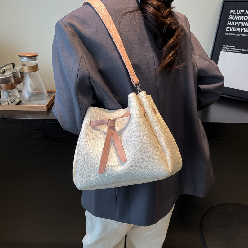 2025 Spring New Women's Fashion Bucket Bag with Bow Detail, Casual Street Style Shoulder Bag with Magnetic Closure and Inner Pockets