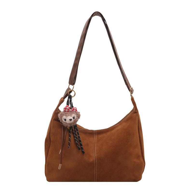Vintage Tote Bag for Women, Large Capacity Shoulder Crossbody Bag with Cute Plush Charm, Elegant Commute Style